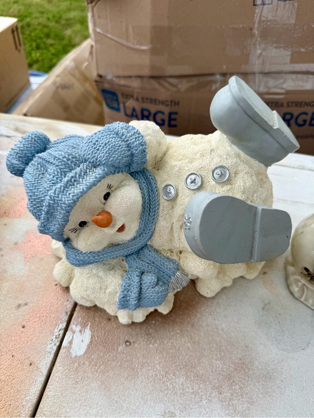 Cute Snowman Figurine with Blue Knit Hat and Scarf